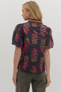 BLACK FLORAL BUBBLE SLEEVE BLOUSE