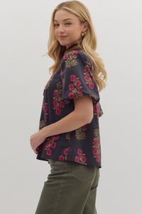 BLACK FLORAL BUBBLE SLEEVE BLOUSE