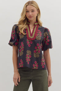 BLACK FLORAL BUBBLE SLEEVE BLOUSE