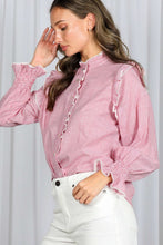 Load image into Gallery viewer, RED PINNED STRIPE RUFFLE BLOUSE
