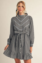Load image into Gallery viewer, BLK/WHT PLAID W/ BLUE SCALLOP TRIM DRESS
