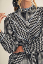 Load image into Gallery viewer, BLK/WHT PLAID W/ BLUE SCALLOP TRIM DRESS
