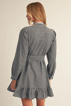 Load image into Gallery viewer, BLK/WHT PLAID W/ BLUE SCALLOP TRIM DRESS
