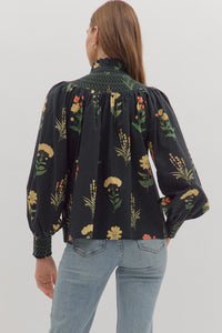 BLACK SMOCKED BLOUSE