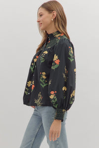 BLACK SMOCKED BLOUSE