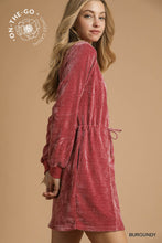 Load image into Gallery viewer, VELOUR DRAWSTRING MINI DRESS
