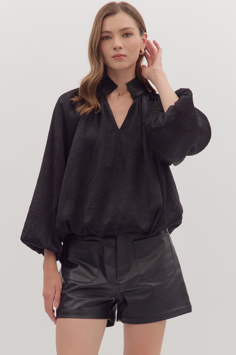 BLACK BUBBLE LONG SLEEVE BLOUSE