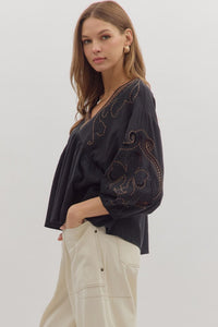BLACK CUTOUT EMBROIDERED BLOUSE