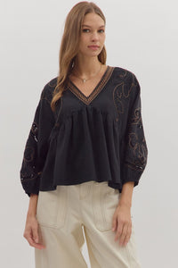 BLACK CUTOUT EMBROIDERED BLOUSE