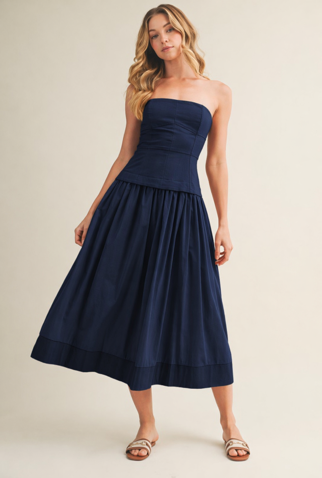 corset strapless gown dress in navy Strapless Corset Long Navy Blue Prom Dress with Slit Navy Blue / 4