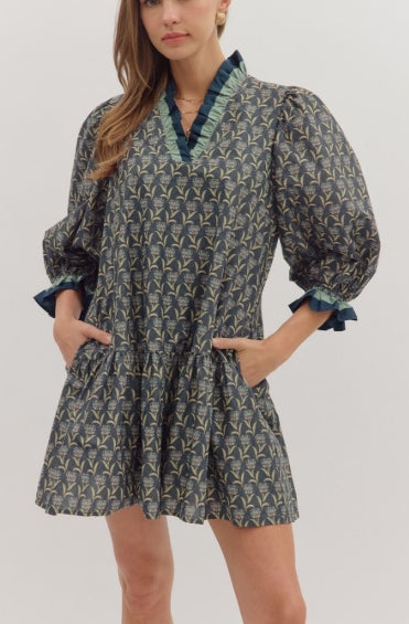 MIDNIGHT BLUE FLORAL MINI DRESS