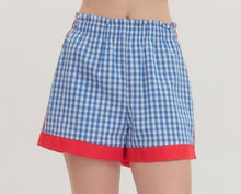 Load image into Gallery viewer, BLUE GINGHAM W/ RED TRIM SHORTS
