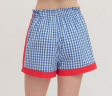 Load image into Gallery viewer, BLUE GINGHAM W/ RED TRIM SHORTS
