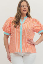 Load image into Gallery viewer, ORANGE PINSTRIPE W/ BLUE TRIM TOP
