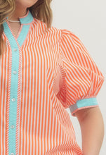 Load image into Gallery viewer, ORANGE PINSTRIPE W/ BLUE TRIM TOP
