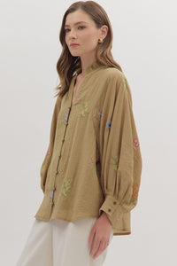 CAMEL EMBROIDERED BOTANICAL BLOUSE