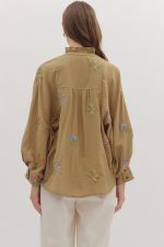 CAMEL EMBROIDERED BOTANICAL BLOUSE